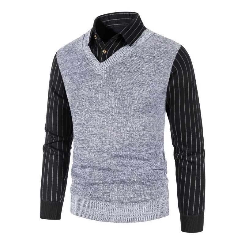 男性のための秋のツインセットのセーター男性の外のカジュアルなプルオーバー縞模様のシャツ男性の冬スリムフィットセーターパッチワークスウェーターコートy0907