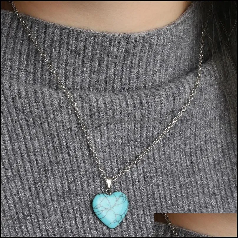 Heart Pendant Hexagonal prism Turquoise Opal Natural Quartz Crystal Healing Chakra Stone Pendent Necklace Jewelry for Women Gift