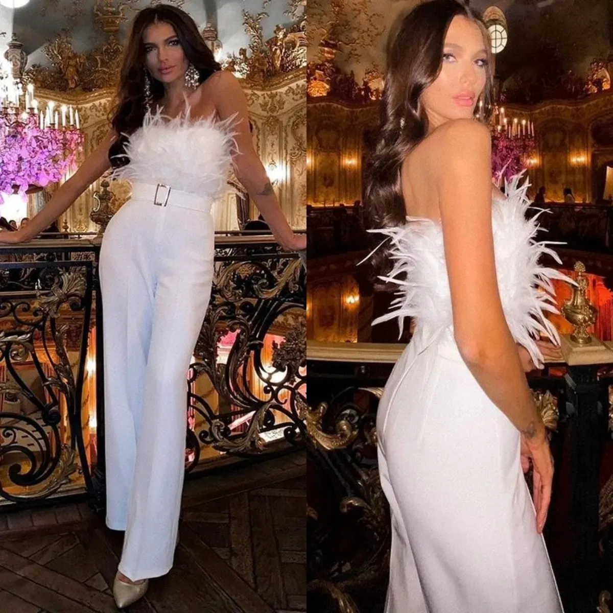 White Jumpsuit Prom Dresses Sweetheart Feather Top Avond Party Trouse Toga Satin Pant Formele Outfit Dames Club Draagt
