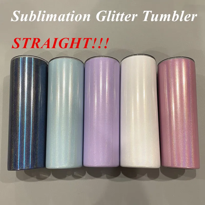 Sublimation STRAIIGHT Tumbler 20oz Glitter Tumblers Stainless Steel Straight Skinny Tumbler Rainbow Tumblers Vacuum Insulated Beer Coffee Mugs with Straw and lid