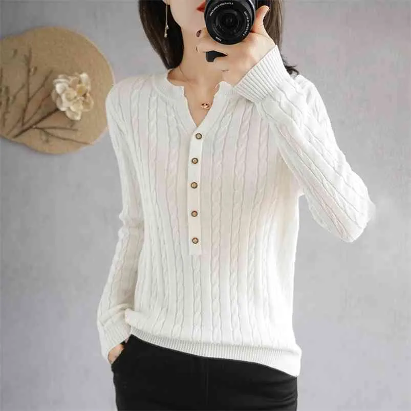 Baresskiy Kvinnors Toppar Pure Color Slim Korean Cotton Sweater V-Neck Kort Stretch Pullover Base Tröja Dam Jacka 210805