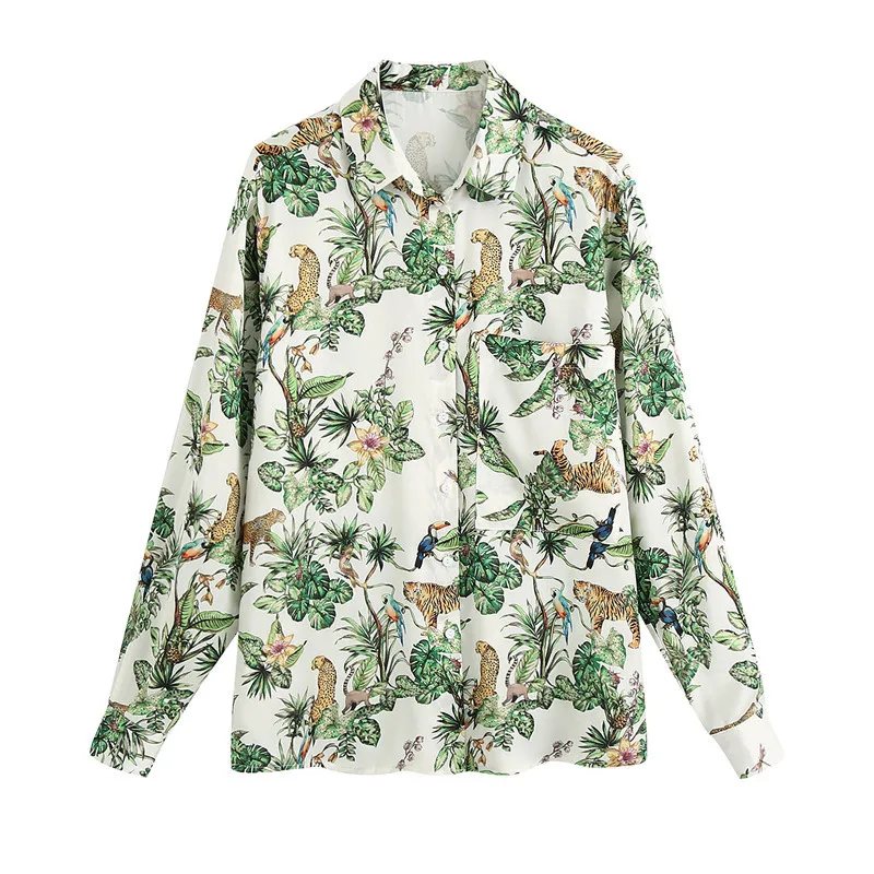 Blsqr vrouwen losse dier print blouses mode zak lange mouw vrouwelijke shirts blusas chique tops 210430