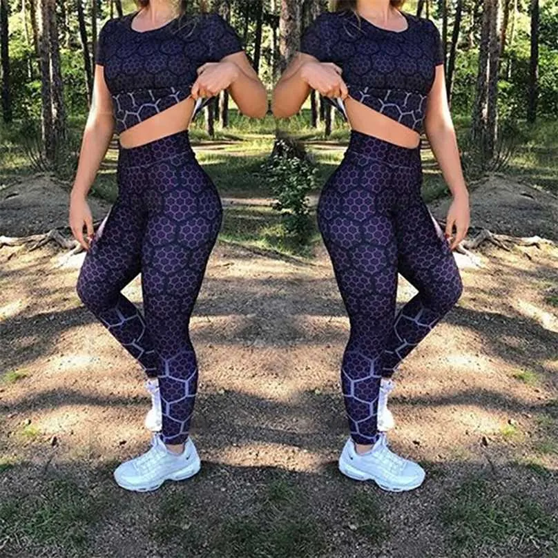 Sport Leggings Kvinnor Sportkläder Lila Honeycomb Pattern Polyester Hög midja 211215