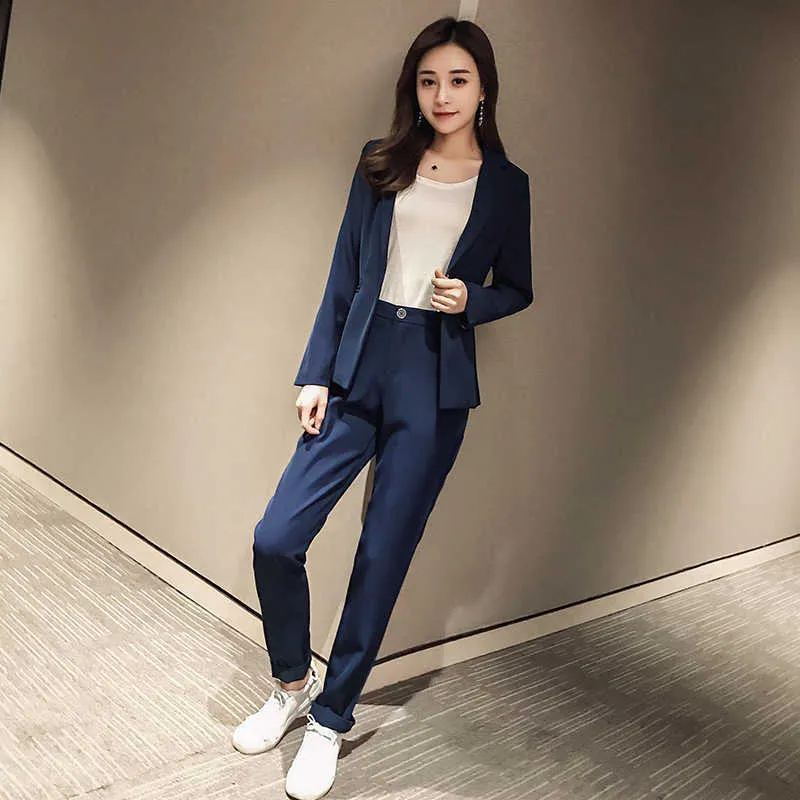 Höst Professionell Kvinnors Passar Byxor Suit Casual Fashion One Button Ladies Jacket Office Slim Trousers Two-Pistass Set 210527