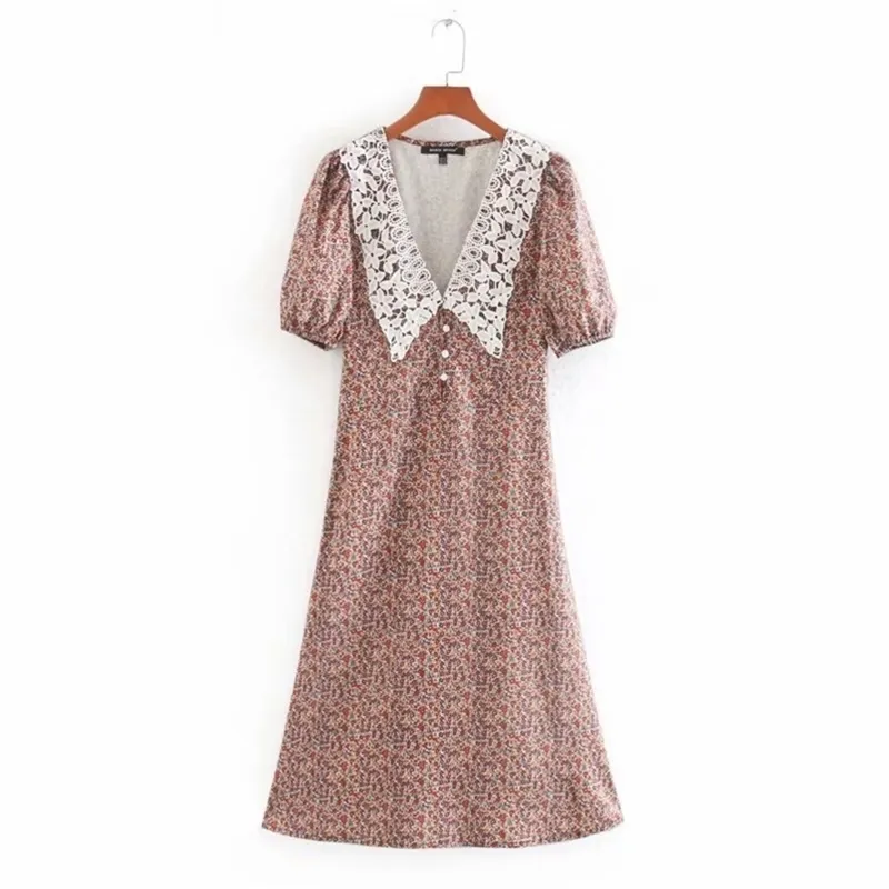 Kvinnor Vintage Puff Sleeve Utskrift Midi Dress Lace Crochet Slå ner Krage Side Zipper Vestidos Chic Casual Dresses DS3623 210420