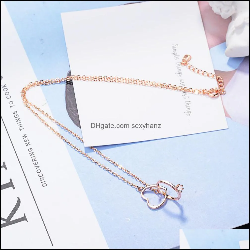925 Sterling Silver Charming Double Circle Heart Zircon Necklace For Women Girl Valentines Day Present S-N261
