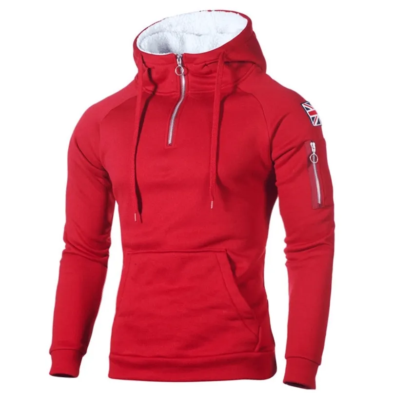 Autumn Zipper Neckline Hoody Sweatshirts Fleece Long Sleeve Men's Hoodies Sticker Pocket Winter Warmer Running Sportswear 3XL 210813