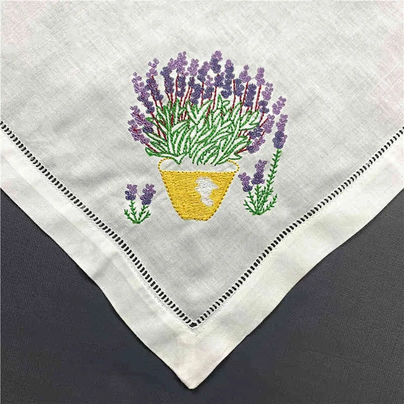 Set med 12 näsdukar Dinner Servetter Vit Hemstitched Linne Bordservetter / Placemats / Handdukar med färgbroderad blommig