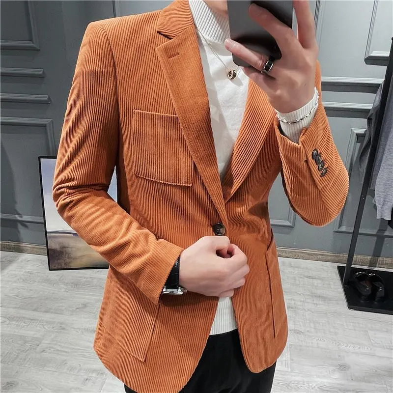 Mäns Passar Blazers Höst Vinter Corduroy Män Solid Färg Business Formell Suit Jacka Casual Bröllop Brudgum Social Dress Coat Kläder