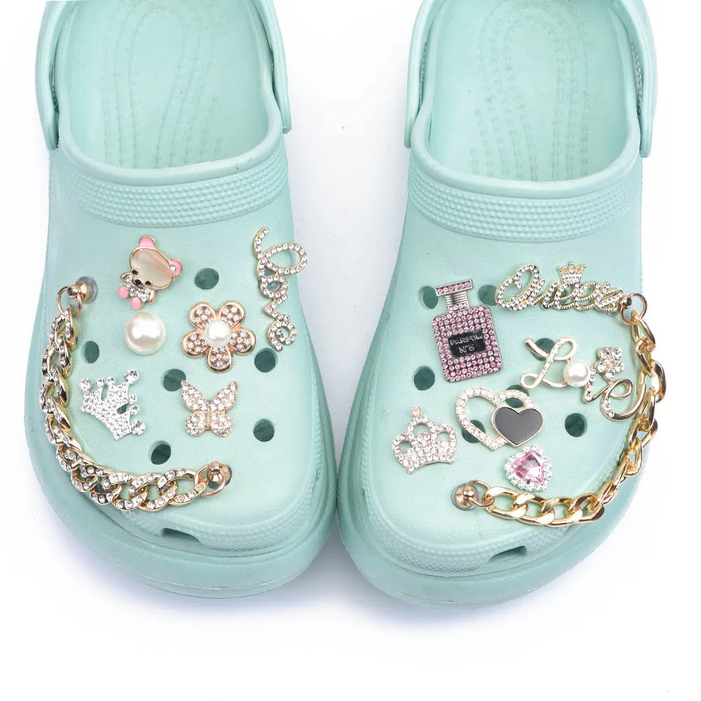 العلامة التجارية الأحذية مصمم croc سحر بلينغ حجر الراين جيبز فتاة هدية ل chog deion معدن الحب فراشة الملحقات