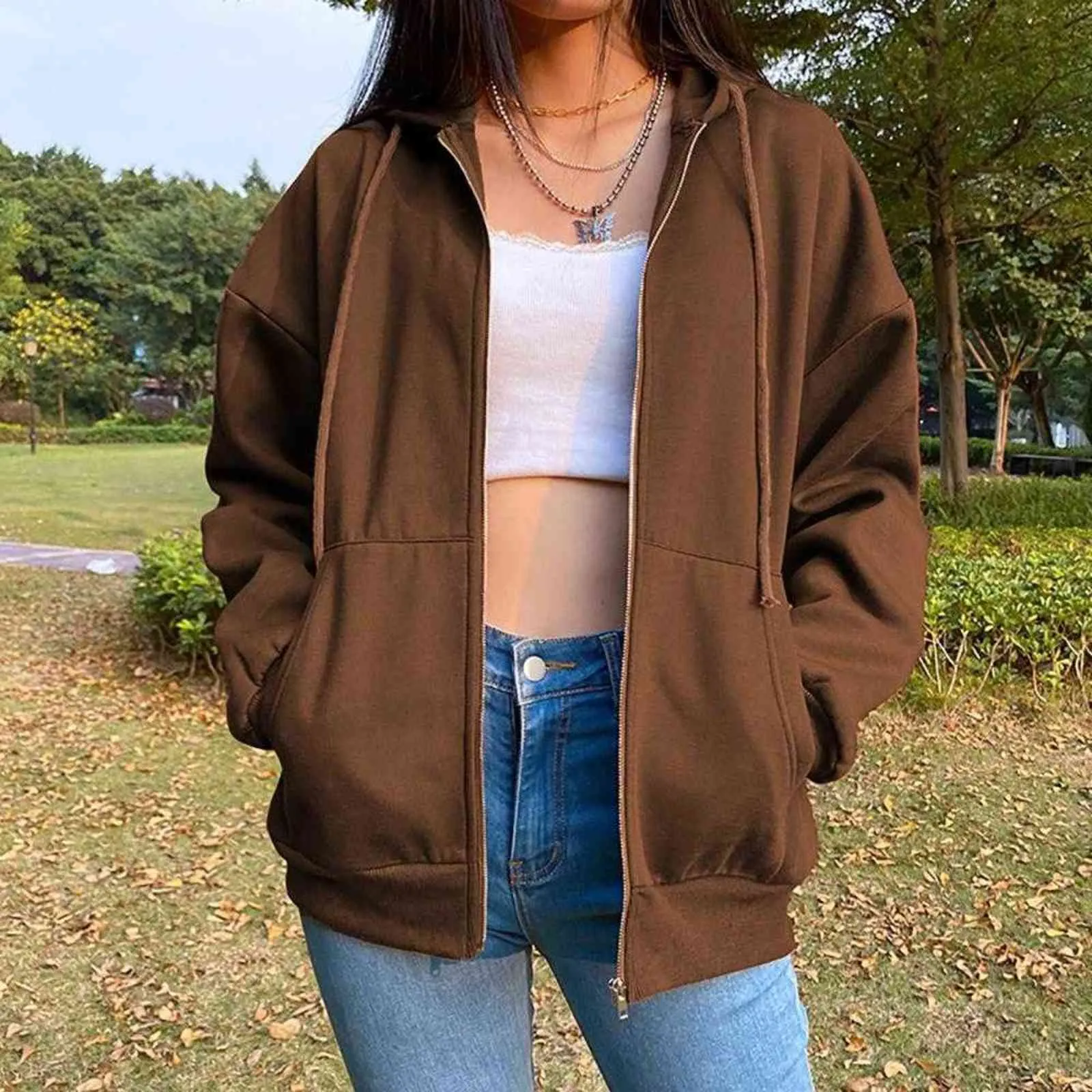 Brown Zip Up Hooded Sweatshirt Women Vintage Pocket Oversized Jacket Tops Autumn Clothes Female Y2K Aesthetic Long Sleeve Hoodie Y1118