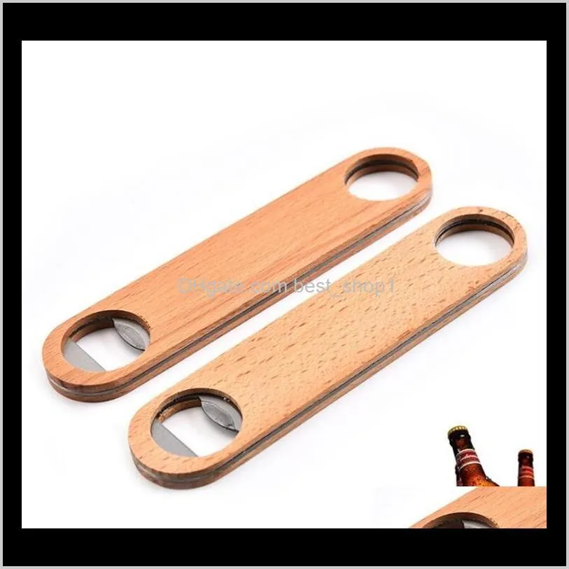 wooden flat beer bottle opener wood handle stainless steel wine beer soda glass cap bottle opener creative kitchen bar tools