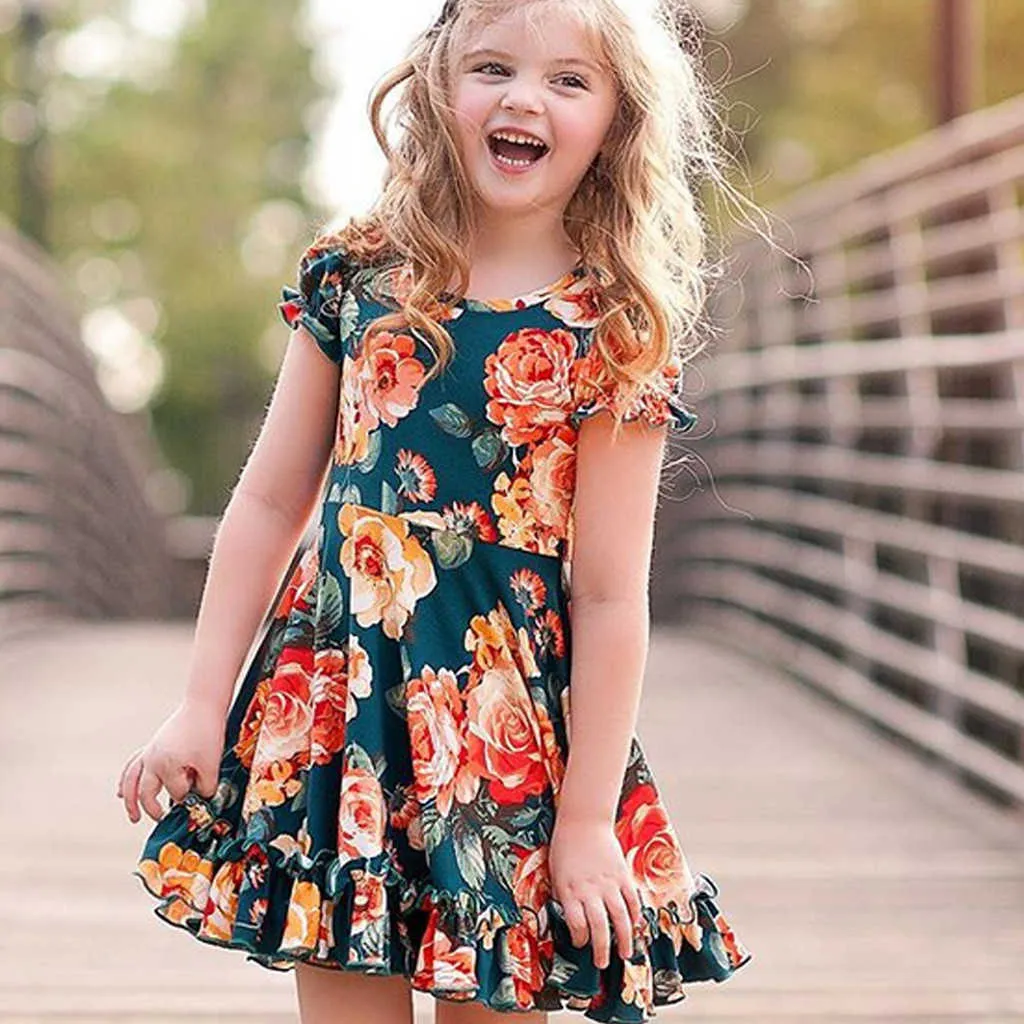 40 # 2021 Baby Kids Girls Children's Short-Sleeved Frill Folds Summer Floral Flower Print Dress Princess Dresses Q0716