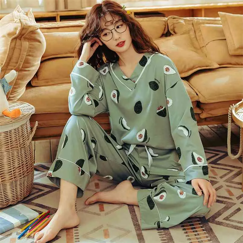 BZEL Damen Pyjamas Sets Plus Size Femme Nighty Casual Homewear Loungewear Baumwolle Nachtwäsche Cartoon V-Ausschnitt Pijama Pyjamas M-3XL 210809