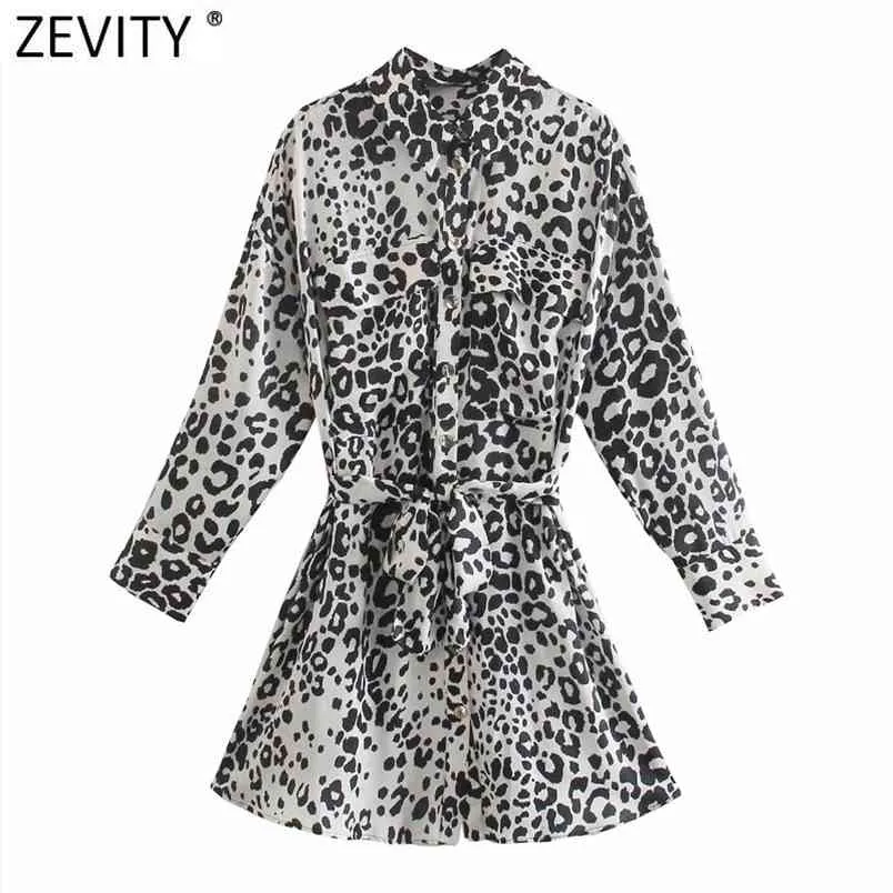 Women Vintage Leopard Print Double Pockets Casual Slim Shirt Dress Female Chic Breasted Bow Tied Sashes Vestidos DS8137 210420