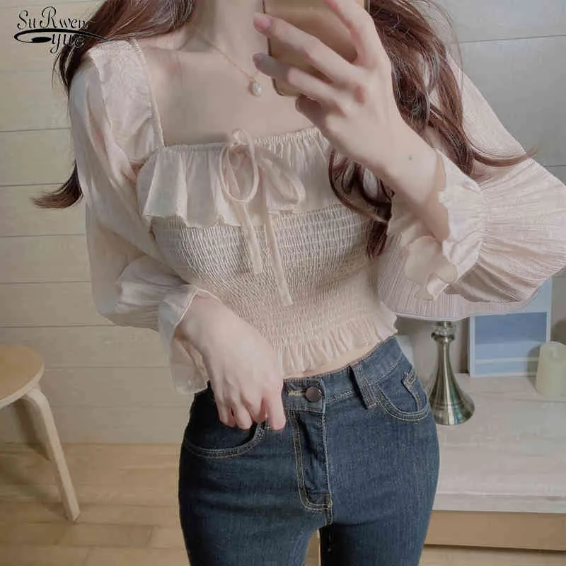 Zarif Ince Bel Ruffles Kadın Bluz Vintage Kare Yaka Tatlı Puf Kollu Kadın Gömlek Beyaz Tops Blusas 10094 210427