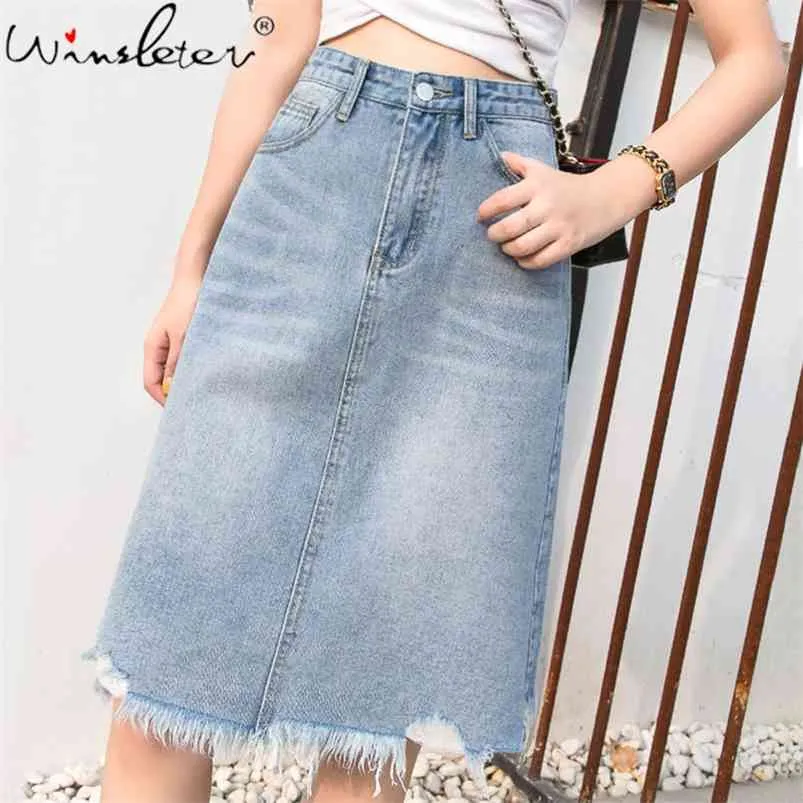 Summer Denim Skirt Women Midi s Solid High Waist Knee-length Tassel Teen Light Blue faldas B03108B 210421