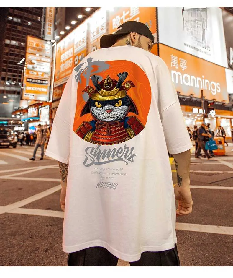 Wholesale Harajuku Style Samurai Cat Oversized Mens T Shirt