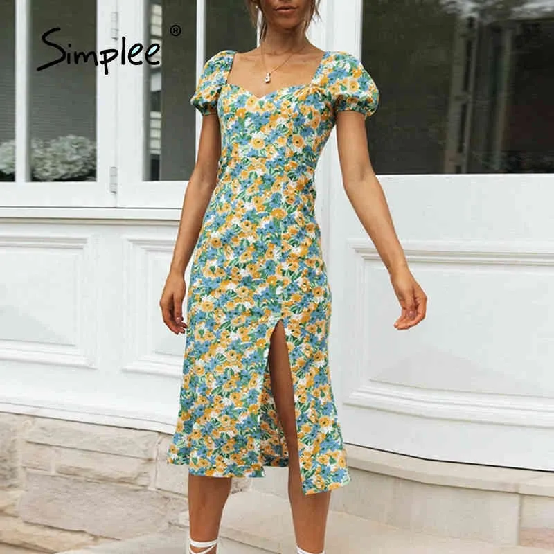 Floral Print Country Slit Midi Kobiety Slim Krótki Latarnia Rękaw Summets Suknie A-Line Wysoka talia Wakacje Dress Lady 210414