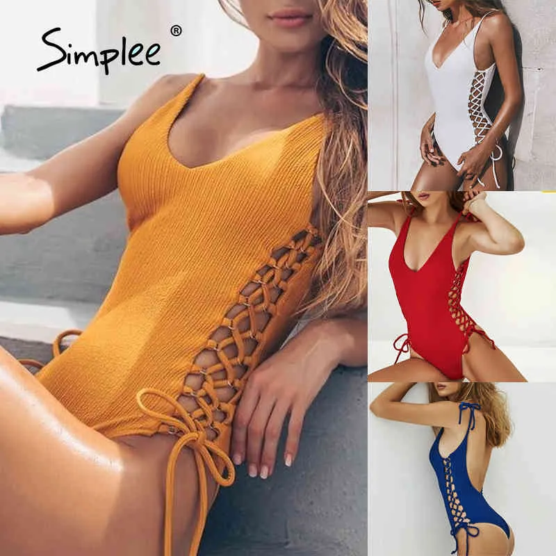 Lace Sexy Bikini Push Up One Piece Baddräkt Kvinna Monokini String Yellow Badkläder Kvinnor One-Pipe Passit Swim Suit 210414