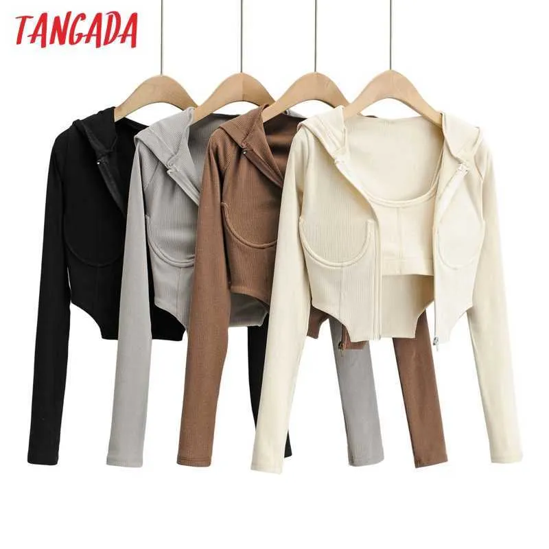 Tangada, chaqueta con capucha Strethy para mujer, con camisola, 2 piezas, moda japonesa, prendas de vestir cortas para mujer, 4P62 210609