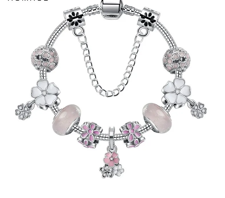 925 Sterling Silver Murano Lampwork Różowy Cherry Blossom Koralik Emalia Kwiat Charms Fit Europejskiej Pandora Bransoletki Kobiety DIY Urok Koraliki Wąż Łańcuch Biżuteria