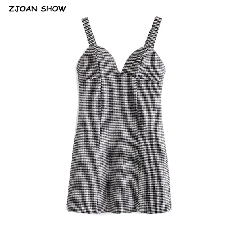 Sexy noir blanc chèque plaid poitrine poitrine poitrine spaghetti drap femme robe dames bodycon sans manches mini-slinge de fête 210429