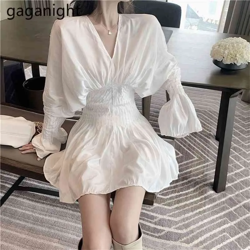 Korean Elegant V-Neck Women Mini Short Dress Solid High Waist Long Sleeve Dresses Autumn Vestidos Drop 210601