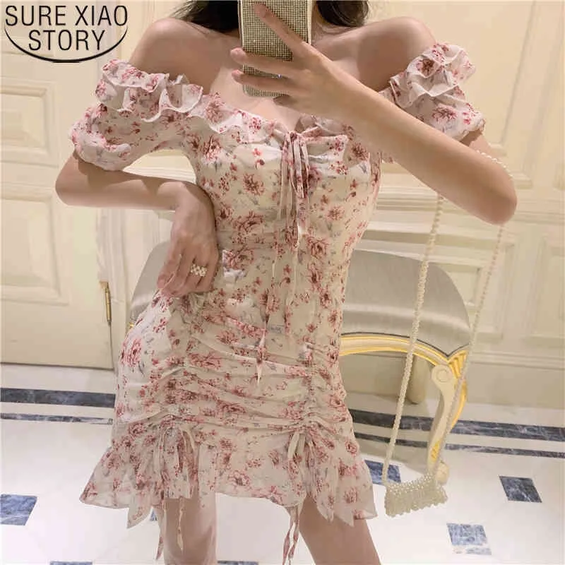 Sexig Club Mini Dresses Kvinnor Mode Sommar Av Skulder Bow Slips Söt Ruffled Draped Korean Print Chiffon Dress 9818 210417