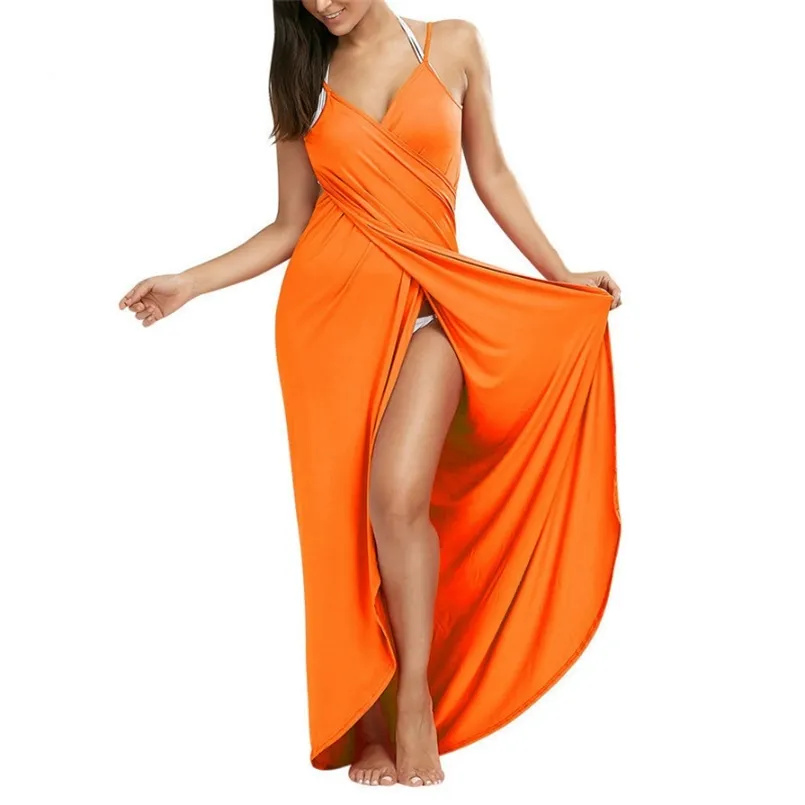 S-5XL Multi Color Sexy V Neck Spaghetti Strap Maxi Long Dress Summer Backless Cover Ups Wrap Beach Plus Size 210722