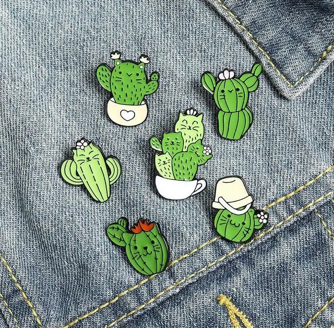 Sevimli Yeşil Kedi Kaktüs Emaye Broşlar Pin Kadınlar Kız Moda Takı Aksesuarları için Metal Vintage Broş Pins Rozeti