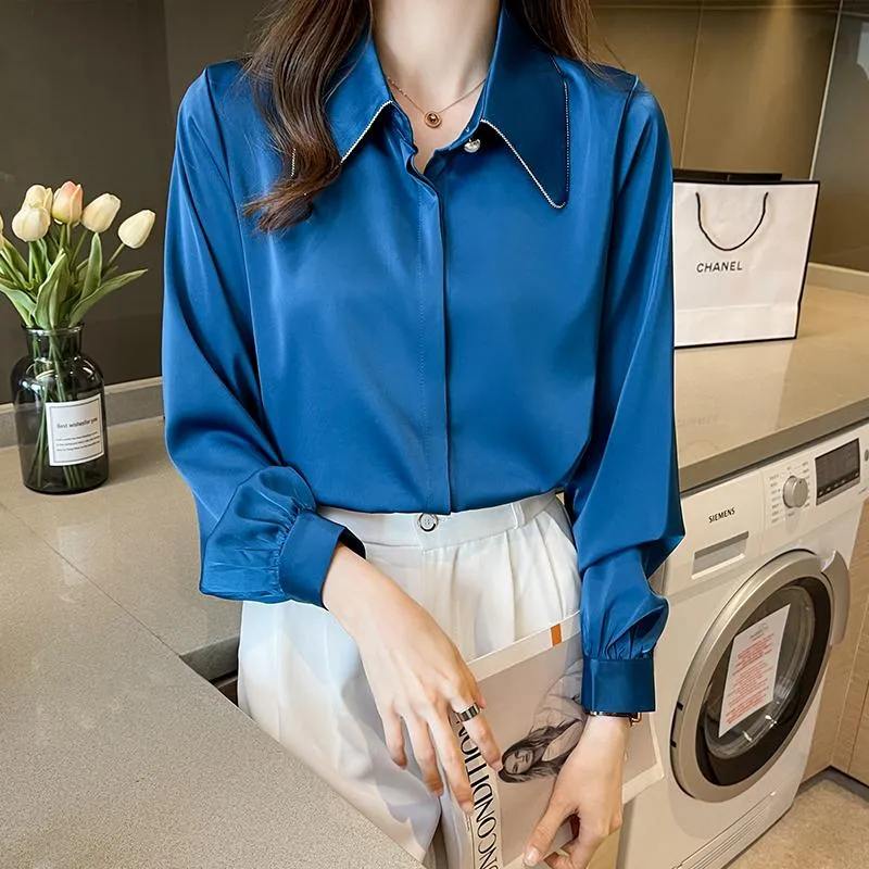 Casual Tops for Women'ss Fall Fashion Trendy Loose Tunic Button Down Collar  Satin Blouse Plus Size Tops Solid Color Shirts Long Sleeve Elegant Office