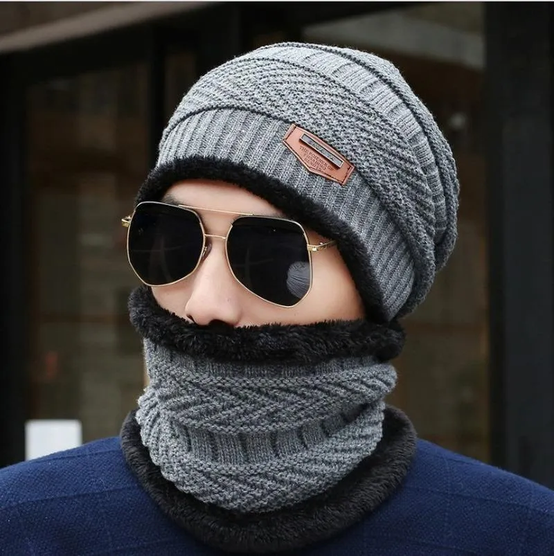 Basker vinter herr hatt haklapp kostym mode koreansk utomhus pullover plysch förtjockad varm stickad tvådelar set hink