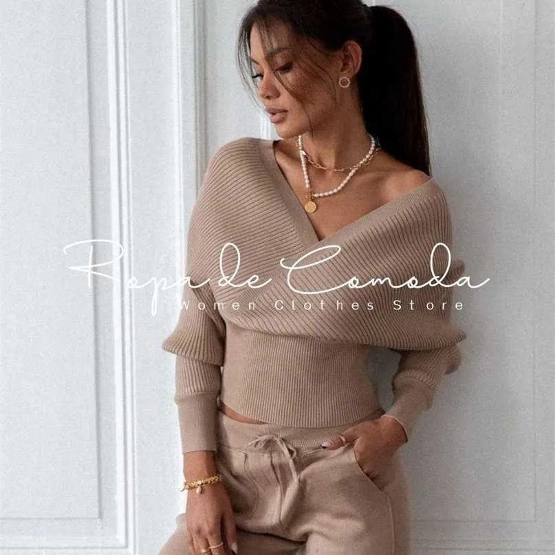 Sexy Sweater Set Tracksuit 2 Pieces Women Solid Color Off Shoulder Batwing Sleeve Suit V Neck Pencil Trouser Fall 211105