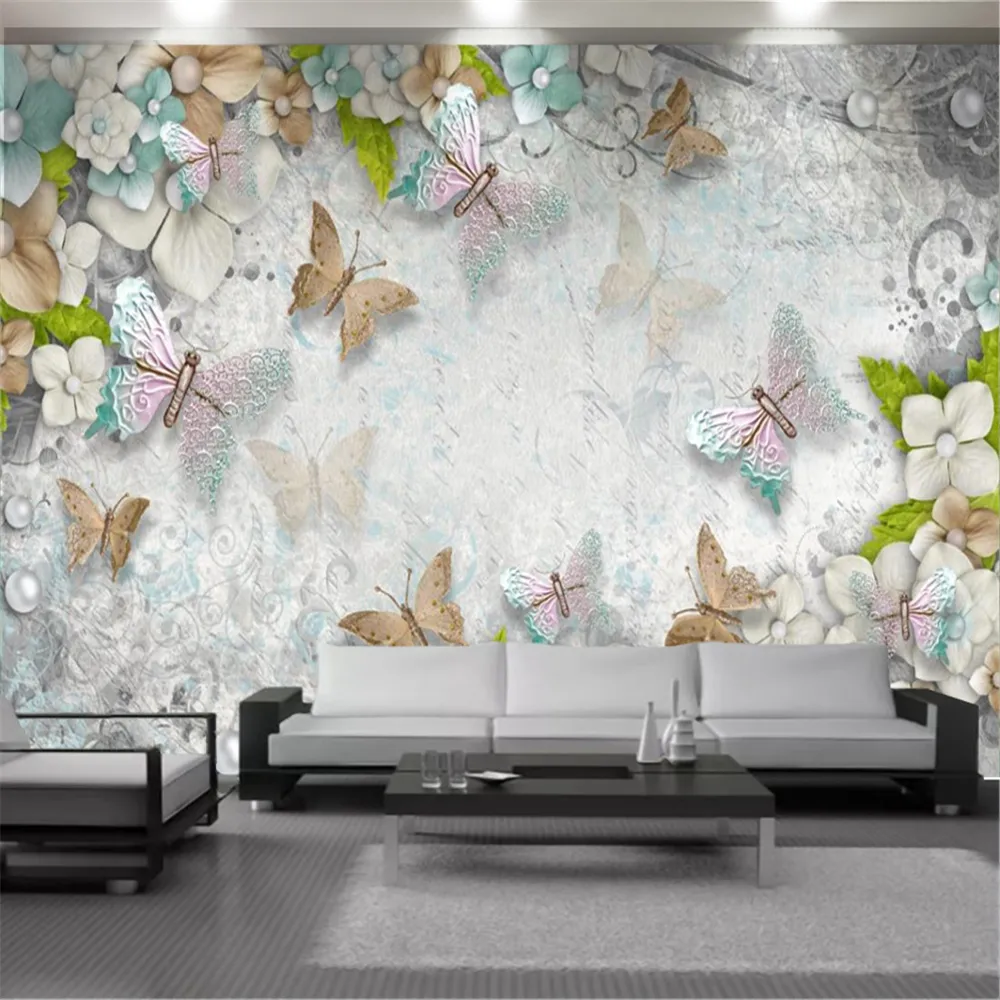 Personalizado floral papel de parede 3d borboleta flor pérola linda sala de estar quarto fundo parede decoração mural wallpapers wallpapers wallpapering