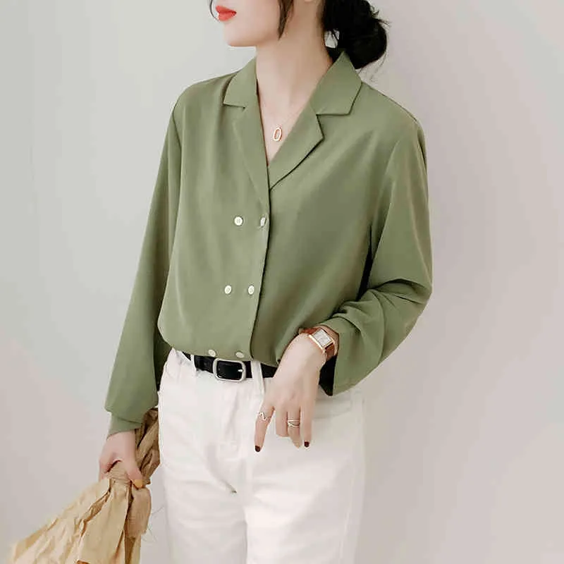 Vrouwen tops lente kleding stijl lange mouwen blouse shirts losse solide blusa knop kantoor V-hals shirt 995g 210420