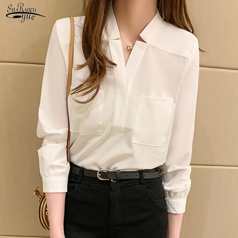 Vrouw Koreaanse Losse V-hals met lange mouwen Shirts Dames Shirt Classic Chiffon Blouse Lady Simple Style Tops Kleding Blusas 10505 210521