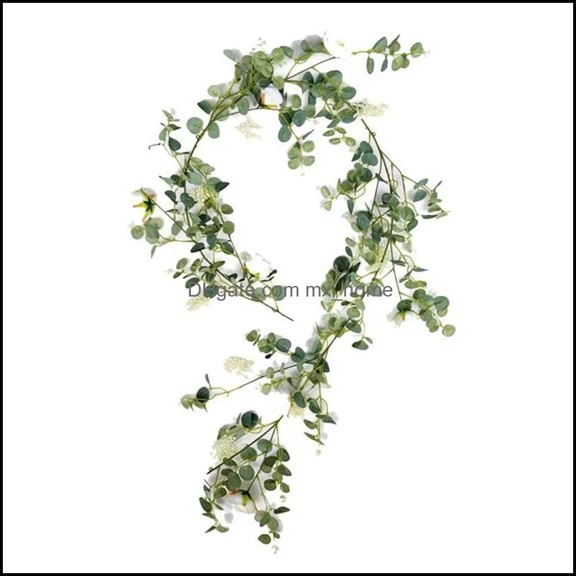 Hot Artificial Eucalyptus Garland with Little Camellia Faux Vines Ivy for Wedding Backdrop Arch Wall Decor
