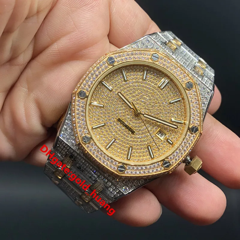 Toppkvalitet 42mm Full diamanter Hip Hop Armbandsur Ice Diamond Watch Två Tone Silver Guld Rostfritt Stål Fodral Automatisk Klockor 3833