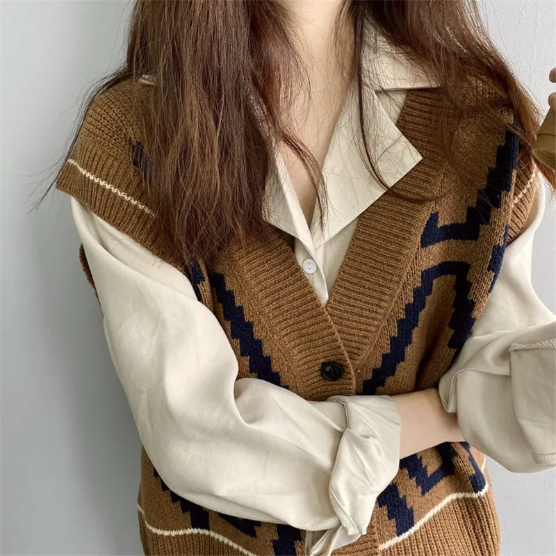 Début automne géométrique rétro tricoté gilet femme surdimensionné Base Match col en V simple boutonnage Cardigan femmes pour la mode 210520