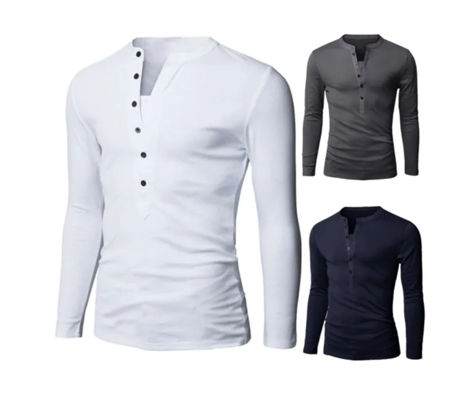 Vente en gros-Mend T-shirt Hommes Simple Courtiers Solid Couleur Tops V cou à manches longues Henley chemise Henley chemise européenne fausse mode deux pièces polo 5 couleurs