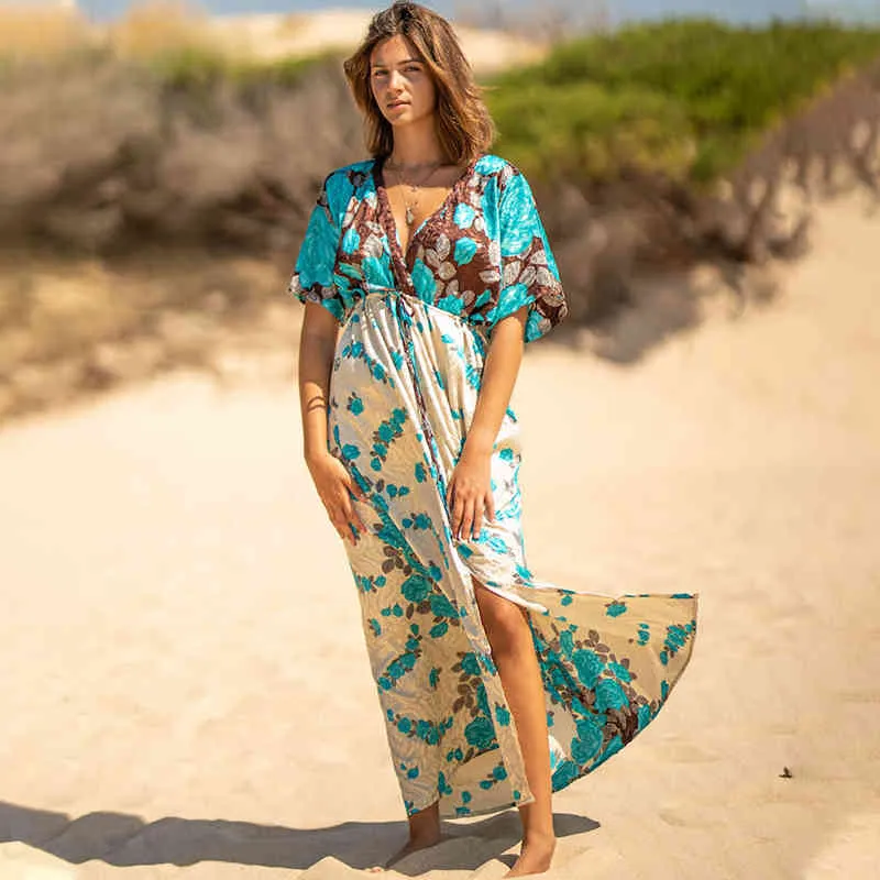 Multicolored Bikini Cover-ups Sexy V-neck Half Sleeve Boho Summer Beach Dress Plus Size Beachwear Swimsuit Cover Up Q1201 210420