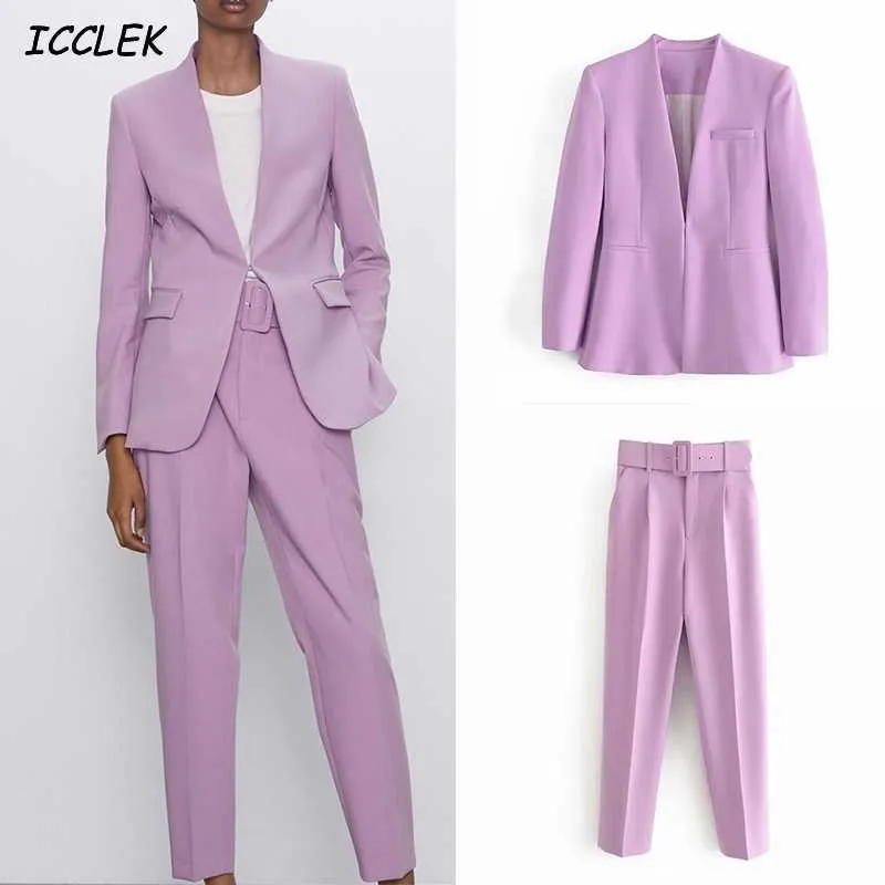 Za Veste Femme Blazers Set's Coats Blue Long Sleeves Workwear Outfits Kvinna Solid Office Formella Chic Fickor Sommar 210930