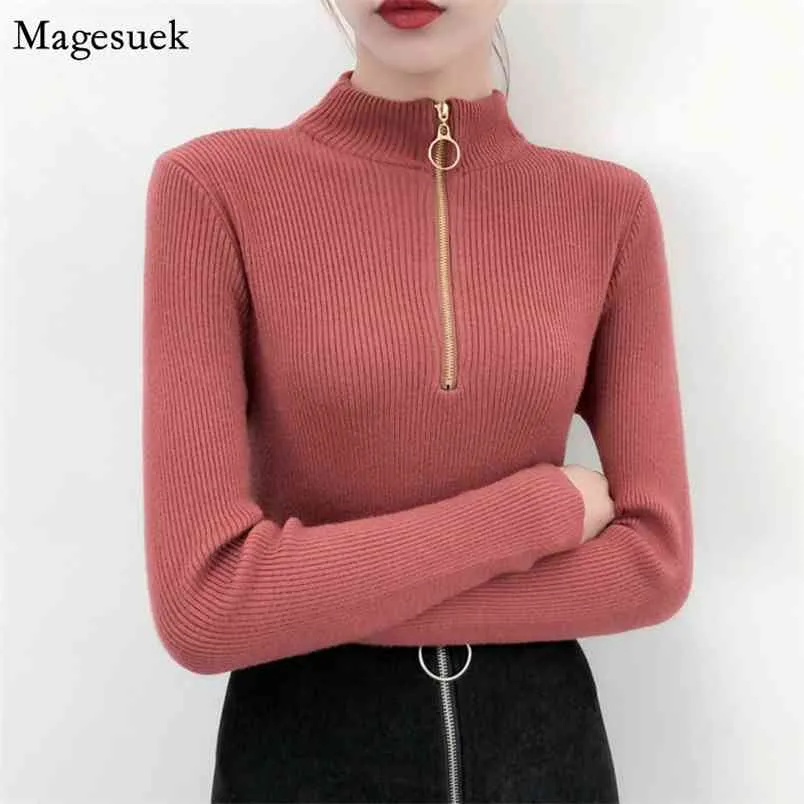 Moda Sonbahar Kış Kazak Kadın Kazak Kore Kalınlaşmak Örme S Fermuar Uzun Kollu Jumper Turtleneck 11788 210512