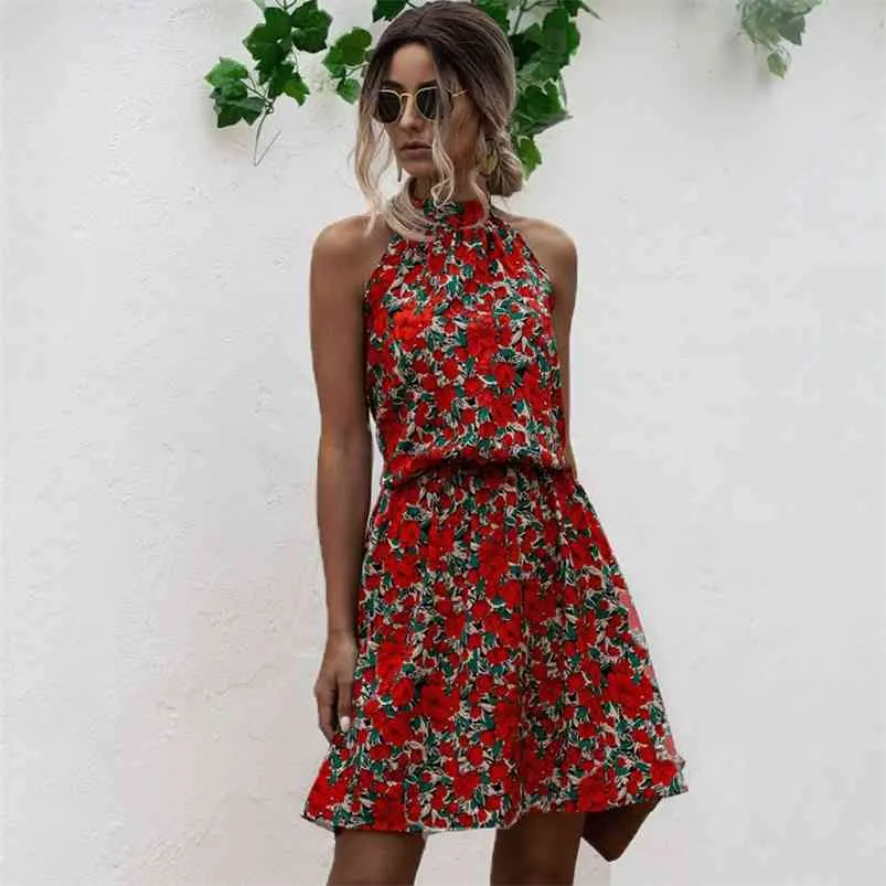 Halterrode bloemenprint jurk zomer casual strand es office elegante korte boho 210427