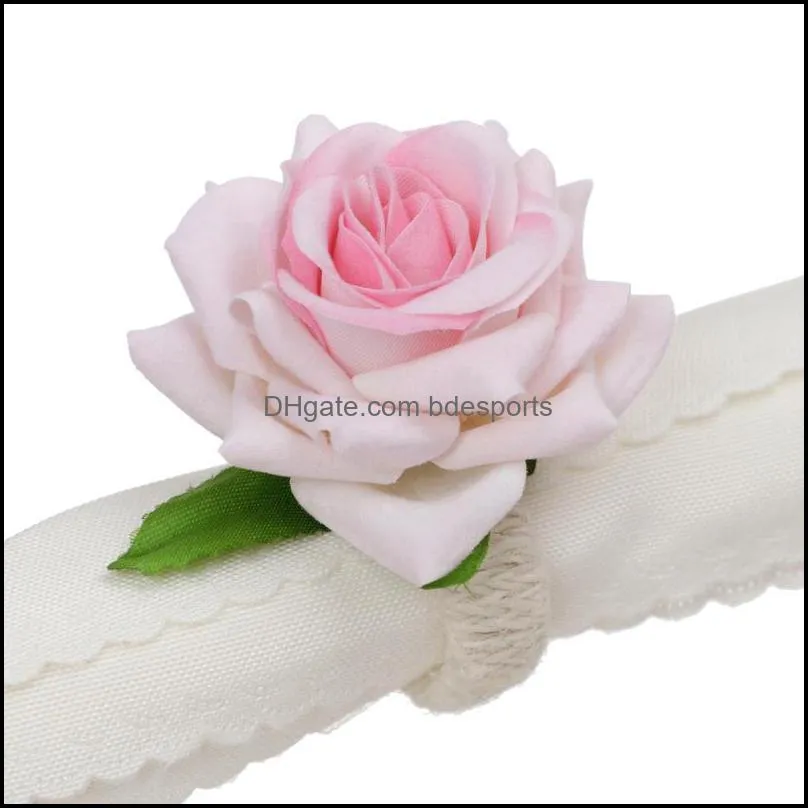 Valentine`s Day Rose Flower Napkin Ring Romantic Simulation Champagne Napkin Buckle Creative Hemp Rope Braided Table Decoration