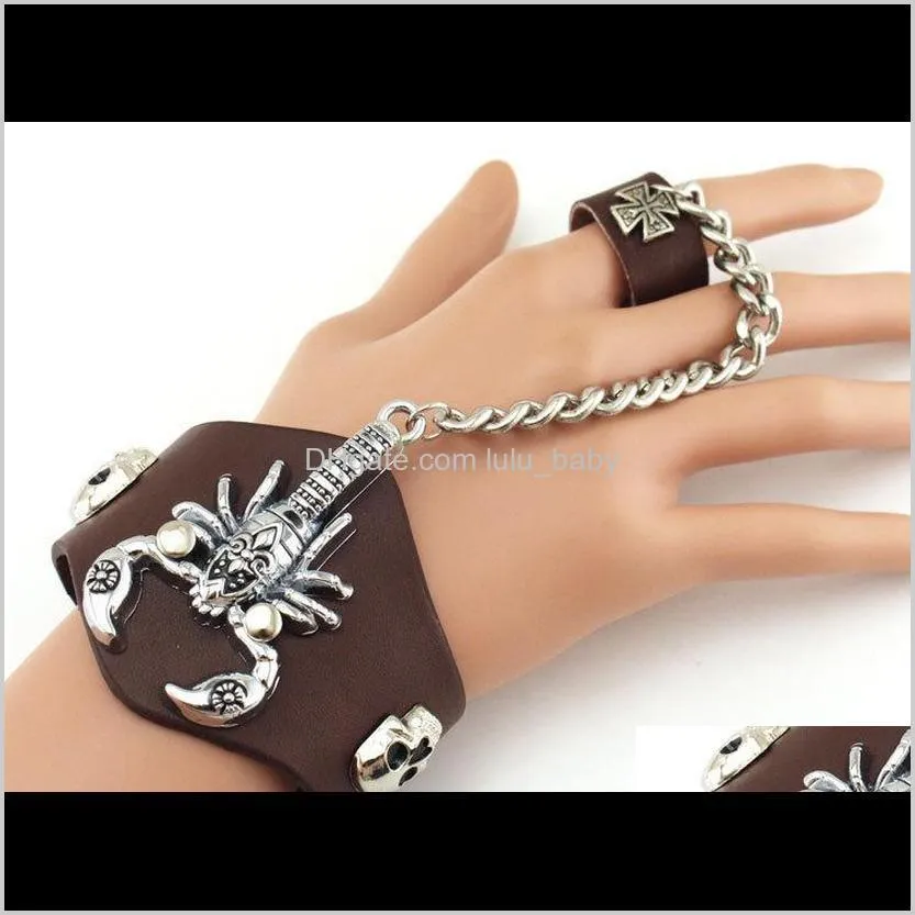 new arrival punk scorpion skull leather wide bracelet with ring for men jewelry very cool fashion