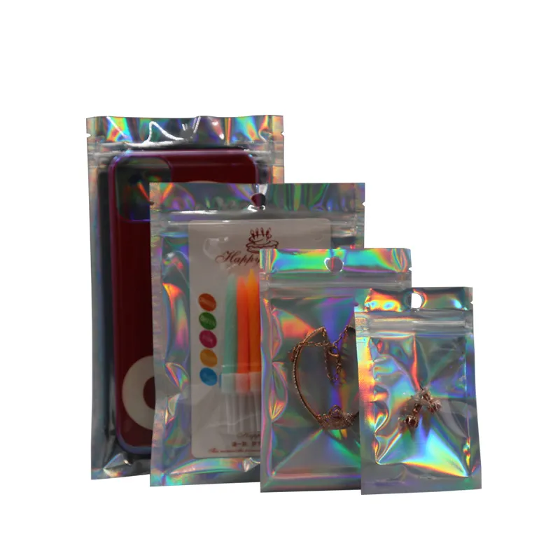 100 Stück/Lot transparente + holografische Zip-Lock-Verpackungsbeutel mit Aufhänger oben, verschiedene Größen, Handy-Zubehör, Verpackungsbeutel, transparent auf der Vorderseite