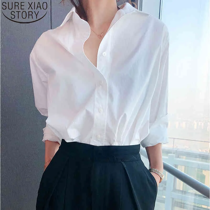 Chemises occasionnelles Vintage Chemises Coton Femme Plaine Plus Taille Lâche élégante Manches longues Blouses Femmes Coréen Chic Office Lady Tops 12398 210417