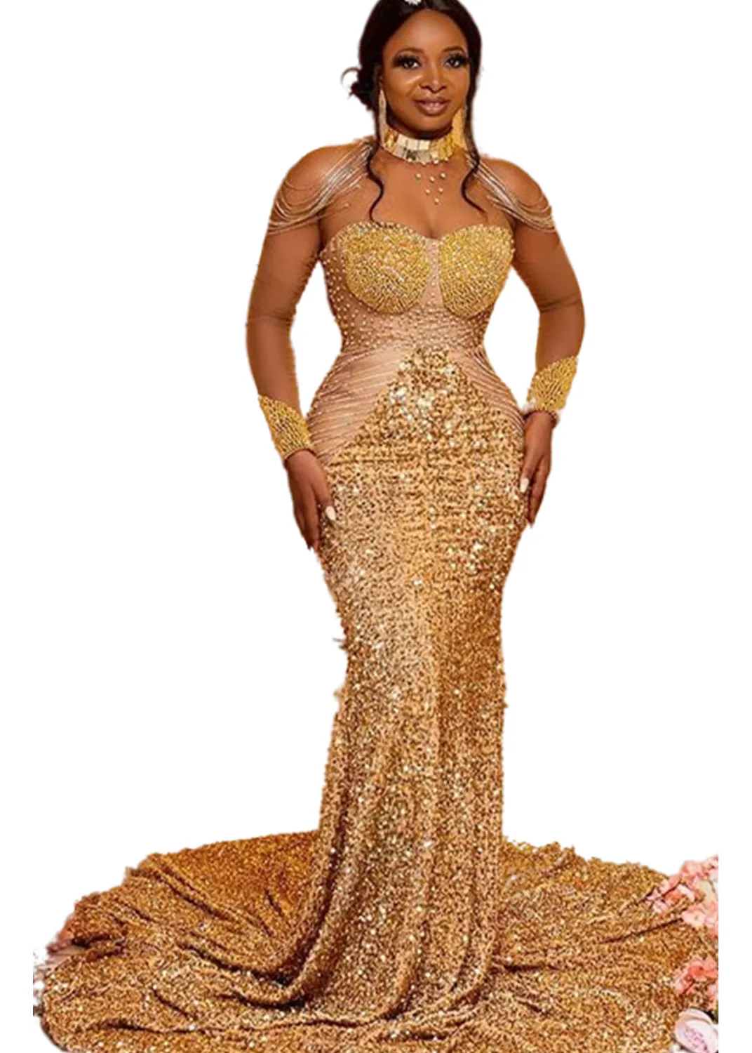 Aso Ebi 2021 Arabiska plusstorlek Mermaid Luxurious Gold Prom Dresses High Neck Beaded Sequined Evening Formal Party Andra receptionen klänningar klänning zj660